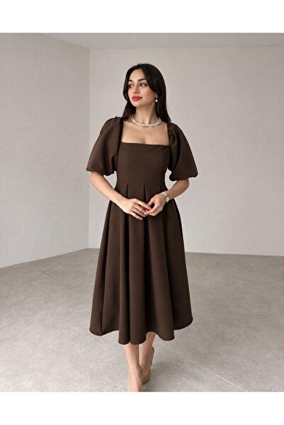 SONREİR Short Balloon Sleeve Square Neck Pleated Long Dress