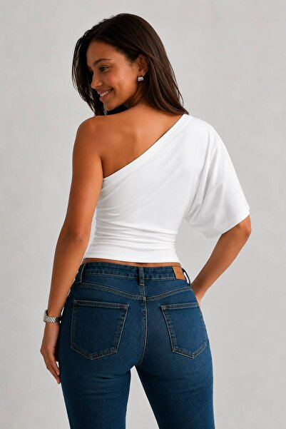 ecemore One-Shoulder Wide-Sleeve Viscose Blouse with Fitted Waist