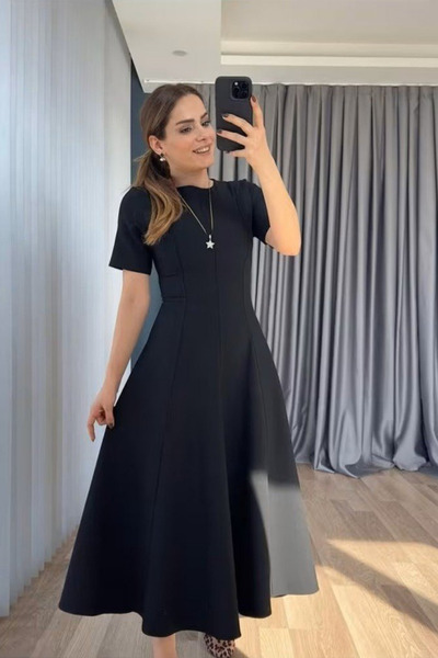 Viyamo Yeni Sezon Kadın Kısa Kollu Bisiklet Yaka Maksi Boy İthal Krep Elbise