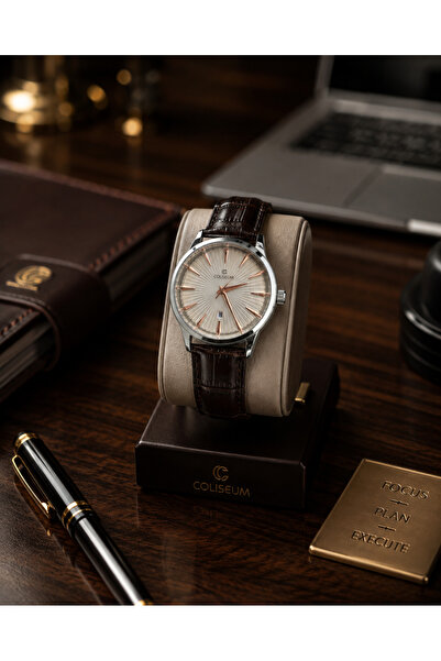 Coliseum Classic Series Erkek Kol Saati Rose Gold Detaylı Gümüş Kadran Kahver...