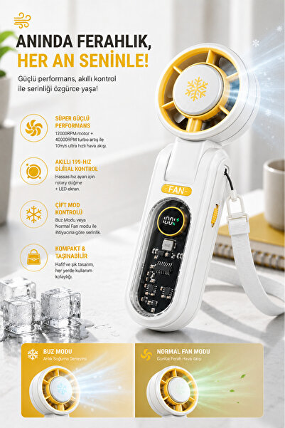 Yussraw Premium Turbo Buz Soğutmalı El Fanı 199 Kademe Ayarlı Askı İpli 3000- mAh Taşınabilir Soğutucu Fan