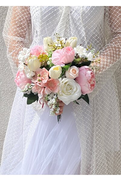 DUGİNA Soft Pembe Beyaz Gelin Buketi Gül Lale Şakayık Nişan Damat Yaka Çiçeği...