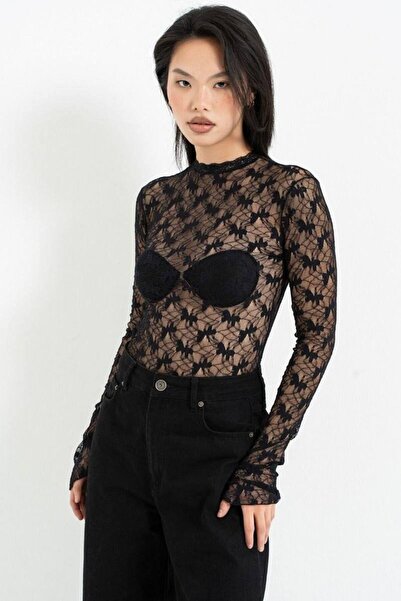 Kikiriki Transparan Dantel Uzun Kollu Bodysuit