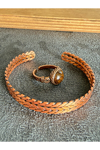 Rupen Kraft Handcrafted copper bracelet and natural stone ring set, adjustabl...