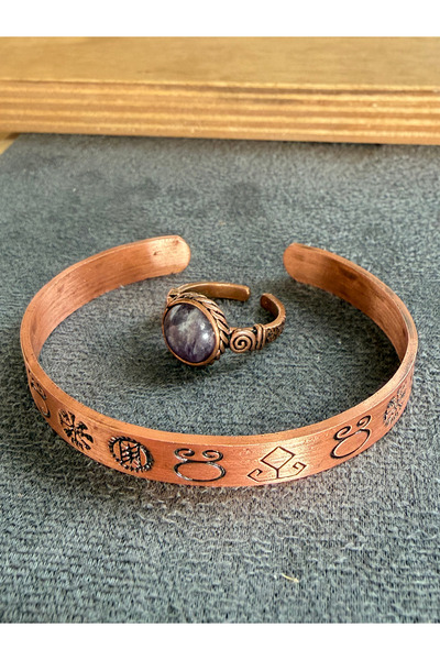 Rupen Kraft Handcrafted copper bracelet and natural stone ring set, adjustabl...