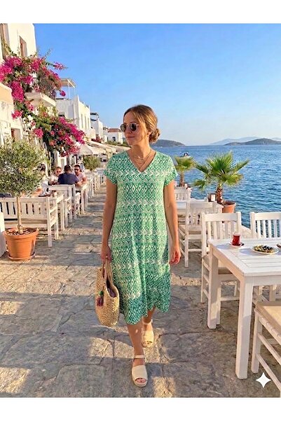 AYASOFYA OTANTIK Women's Ethnic Patterned Short Sleeve Midi Dress