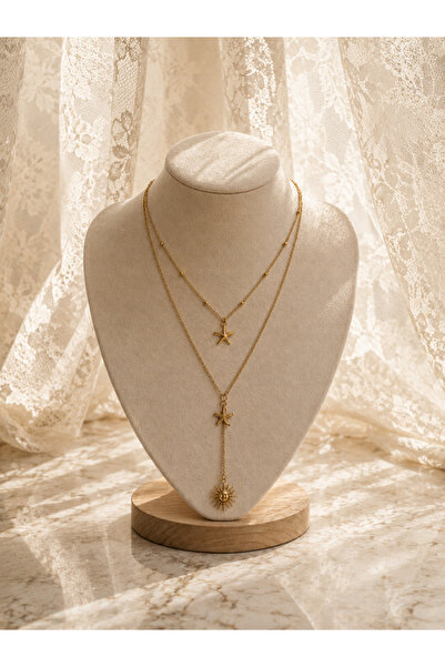 BARLİZ Women's Gold Color Starfish and Sun Figured Multi Layered Necklace