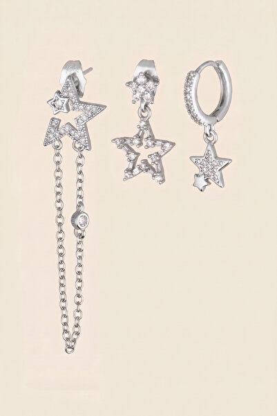 Hetra Silver Colored Zircon Stone Chain Star Dangle 3-Piece Earring Set