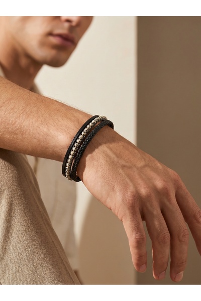 Parmas Design Dalmatian Stone Multi-Layered Leather Men's Bracelet with Knitt...