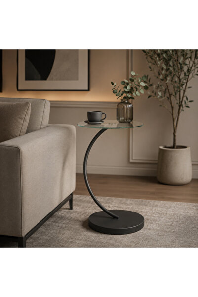 Telal Modern service table with black base and clear glass top