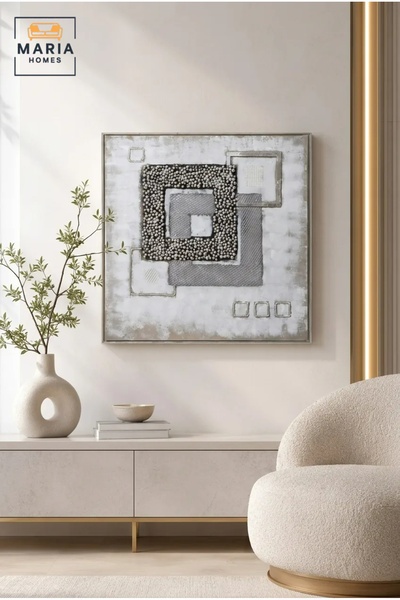 MARIA HOMES Modern Silver Geometric Wall Art – Textured Abstract Square Desig...