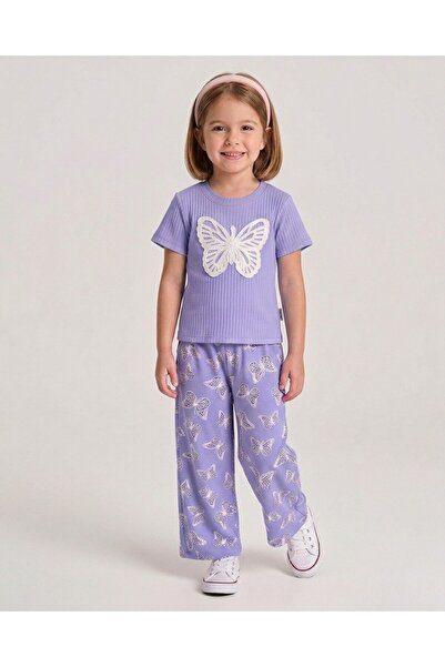 Egelite Girl's Summer Muslin Trousers and Butterfly Embroidered T-Shirt 2-Pie...