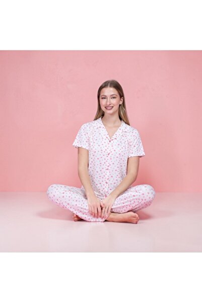 pamuklu Pijama Dama Cu Nasturi - Maneca Scurta - 10047