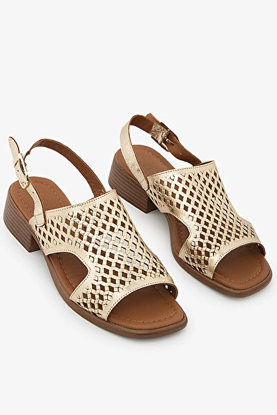 SAYL Gold Color Genuine Leather Low Heel Women's Sandals with Knitted Detail