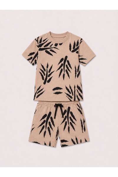 YİGİT BUTİK Boy's Tropical Leaf Patterned Shorts Summer Two-Piece Set