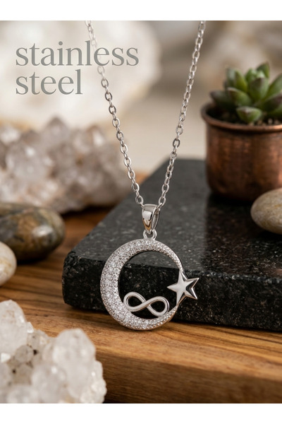 stainless steell سلسلة فولاذية 316L فضية اللون مرصعة بحجر الزركون على شكل نجم...