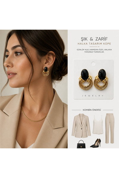 kasımoğulları concept Black Stone Detailed Gold Multiple Hoop Earrings – Styl...