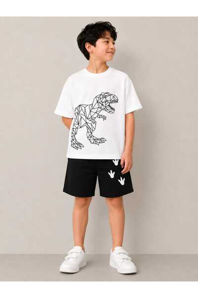 Kids Boy's Dinosaur Printed Shorts Set - White and Black Summer 2-Piece Set