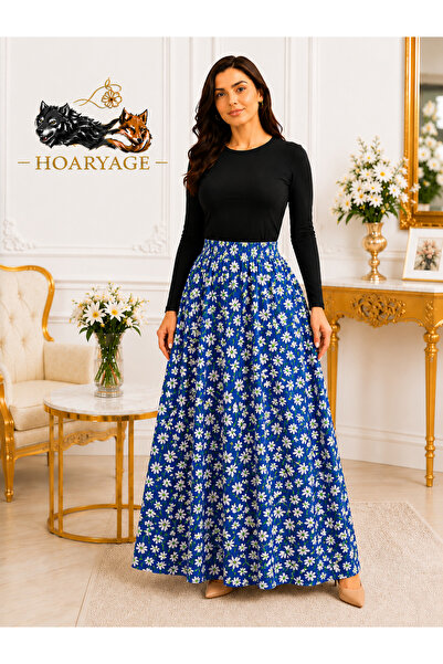 hoaryage Elastic Waist, Vibrant Colored Patterned Viscose Printed Fabric Maxi...