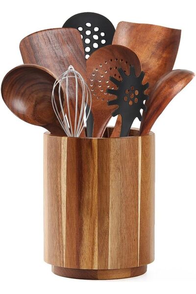 JOYZZZ Wooden Utensil Holder, Large Rotating Kitchen Countertop Organizer for...