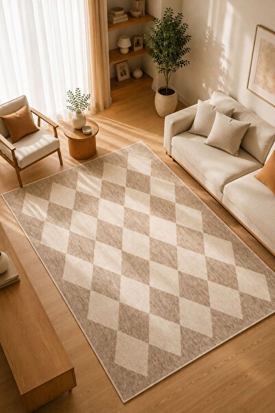 Oriente Home Talya Serisi Kahve Krem Yıkanabilir Kaymaz Taban Şönil Salon Hal...