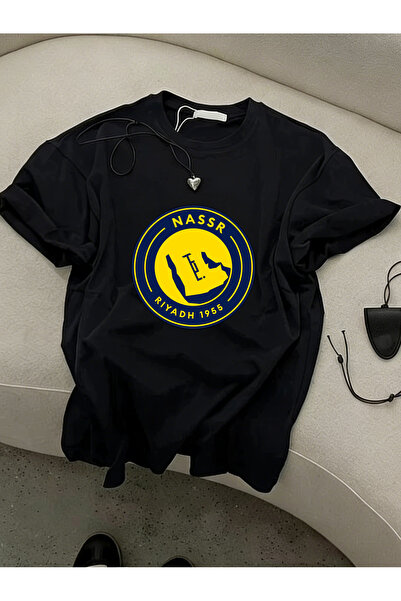 SAUDI Men’s Loose Oversized Black T-Shirt, Minimal Al Nassr FC Crest Logo Pri...