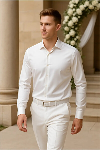GERMEN Ανδρικό Πουκάμισο Λευκό – Τύπου Σατέν Look — 4xl