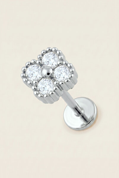Hetra Gümüş Renkli Cerrahi Çelik Yonca Figürlü Flatback Piercing - Helix, Con...