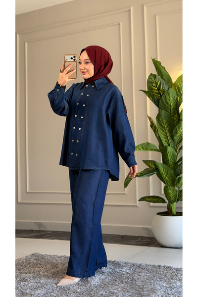 Suede Style 6295 - Comfortable Casual Slim Women's Denim Shirt and Pants Set