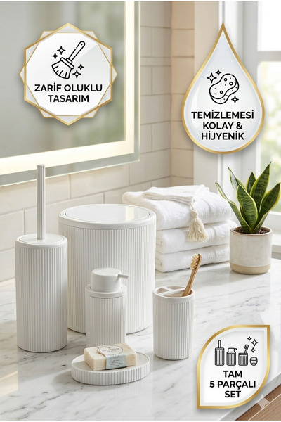 Homerest Beyaz Çizgili Modern Banyo Seti 5 Parça - Fırça Çöp Kutusu Sabunluk ...