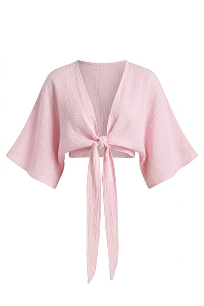 Crep Linen Front Tie Short Sleeve Shirt Pink