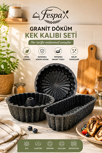 Fespa 3'lü Granit Döküm Kek Kalıbı Seti | Yapışmaz Kaplama | Baton, Tart ve D...