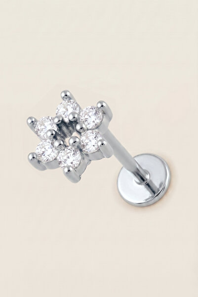 Hetra Gümüş Renkli Cerrahi Çelik Çiçek Flatback Piercing - Helix, Conch, Kıkı...