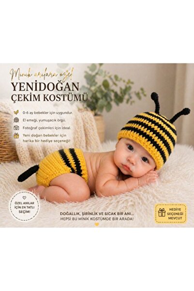 pun dore 0-6 Ay El Örgüsü Arı Kostüm | Unisex Yenidoğan Bebek Çekim Kostümü H...