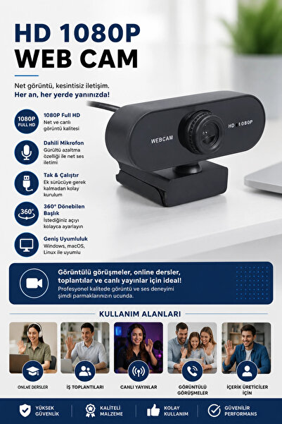 Vothoon WebCam Orjınal HD 1080p Konferans Kamera Dahili Mikrofon Görüntülü So...