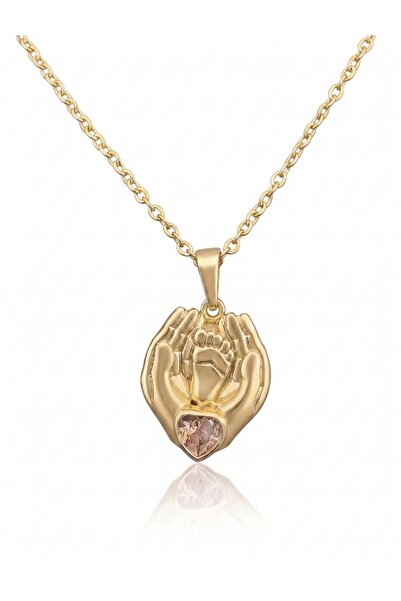 Genel Markalar Anne & Bebek Figürlü Pembe Taşlı Kolye GOLD
