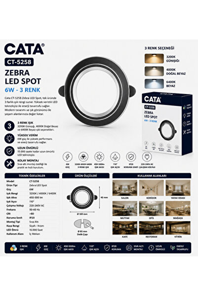 Cata CT-5258 Zebra LED Spot 6W 3 Renk LED Armatür Beyaz Kasa Sıva Altı Spot