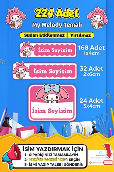 SB store Okul Kreş Kişiye Özel isim Etiket Seti My Melody Temalı - Model 702