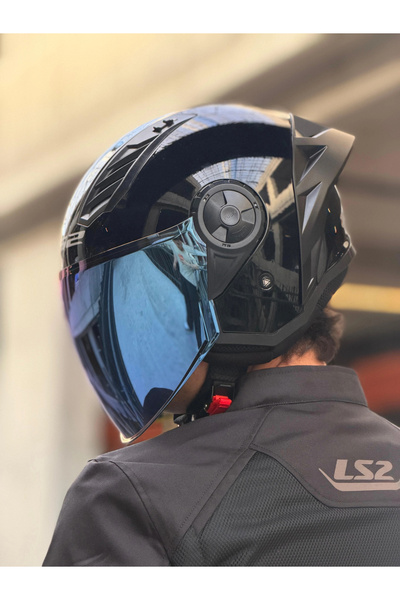 LS2 AIRFLOW 2 PARLAK SİYAH KASK (MAVİ VİZÖR + SPOILER)