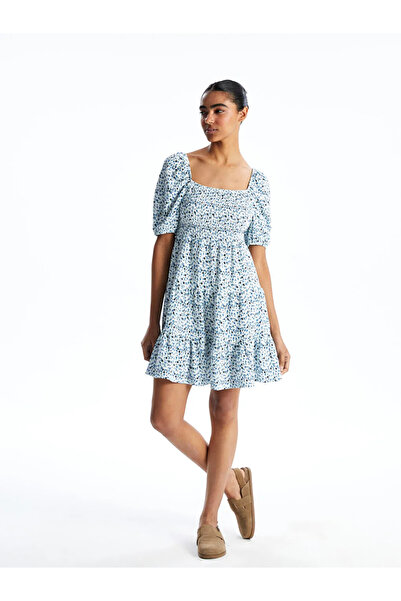LC Waikiki Blue Boat Neck Floral Women's Dress