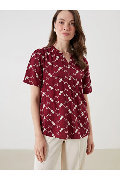 LC Waikiki Burgundy Ruffle Collar Floral Embroidered Blouse