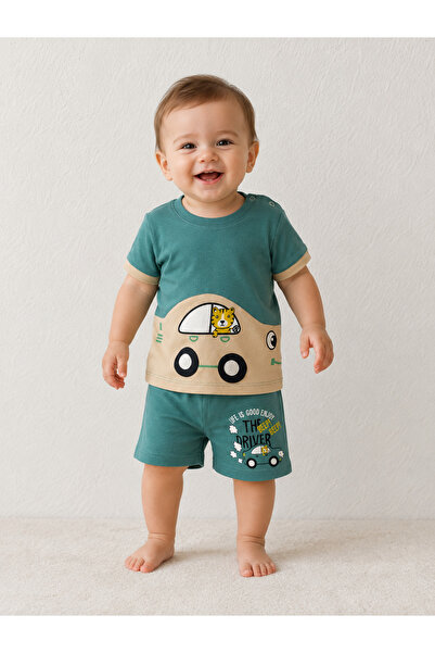 pio Kids Boy Car Themed Shorts Set - Summer Short Sleeve Cotton 2-Piece Baby Set