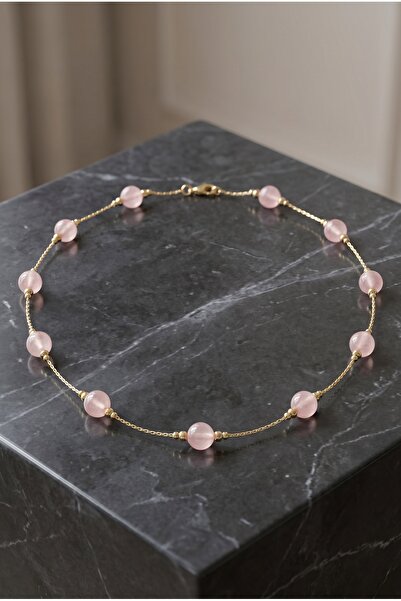 Mijja Pink Quartz Natural Stone, Gold Color Lacquer Coating, Anti-Tarnish, Ru...