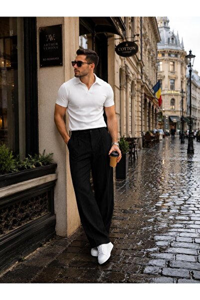 BASEL.CO Stylish Striped Baggy Fit Fabric Trousers