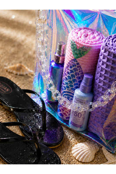 Fulian Women's Black Flip-Flops & Large Transparent Beach Bag Set – Summer Se...