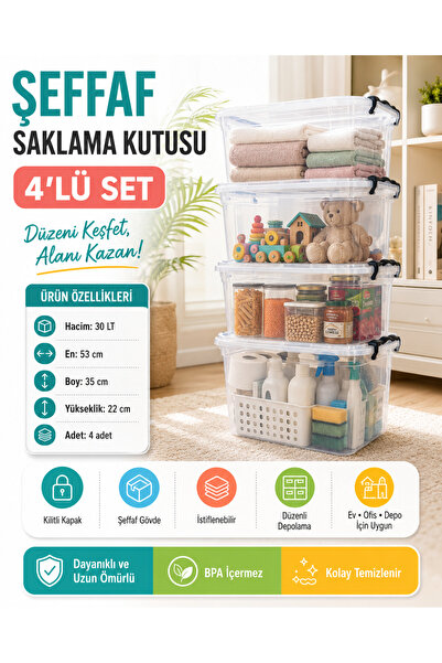 ZİVORA 30 Lt Transparent Lockable Storage Box 4 Pieces Pp Plastic Organizer S...