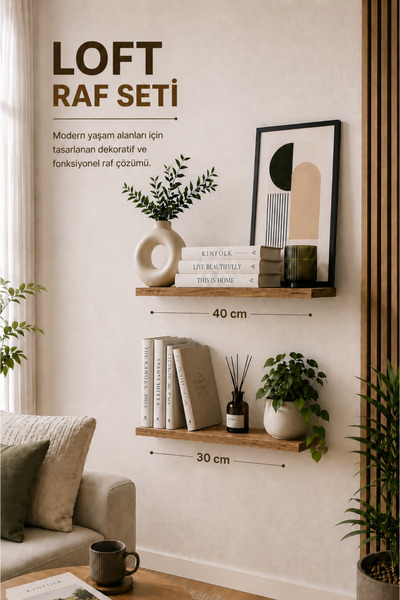 Atlanta Home Loft 2'li Dekoratif Duvar Rafı Seti Ahşap Duvar Rafı Salon Mutfa...