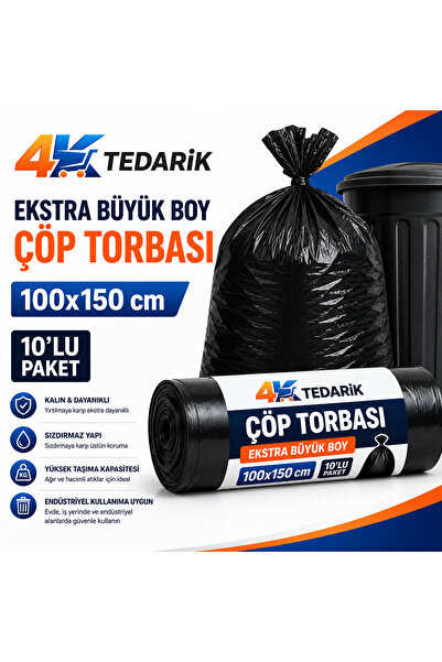 4K TEDARİK Ekstra Büyük Boy Çöp Torbası 100x150 cm 10'lu | Kalın, Dayanıklı v...
