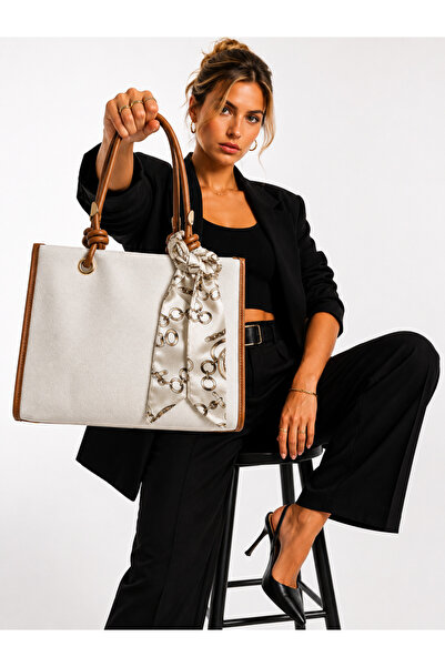 NEVERMİND Glanzia Celeste Ivory Tote Ecru Women's Shoulder Bag Large Size Dai...