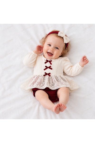 MİNİZEYN TEKSTİL Children's Baby Set Oliva Romper Baby Girl 100% Cotton Lace Detailed Burgundy Bow Premium Design 2 Piece Suit Baby Gift